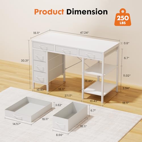 Sweetcrispy 47" Computer Desk with 6 Drawers, Home Office Gaming Desks with Storage Shelves for Bedroom, Writing Study Corner Living Room Work Table White - Image 4
