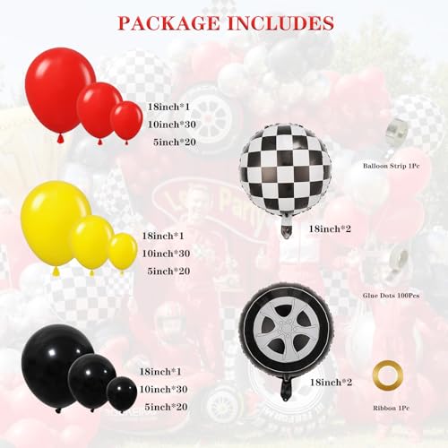 Race Car Balloon Garland Arch Kit 157Pcs Red Black Yellow Checkered Wheel Balloons for Race Car Birthday Party One Two Fast Decorations — view 2