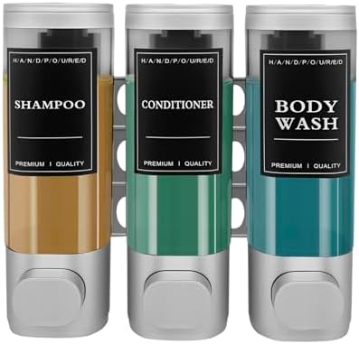 3-Chamber Wall Mount Shower Dispenser - No-Drill Adhesive or Dril...