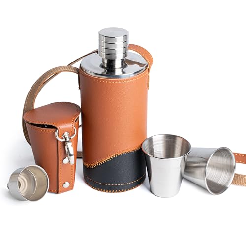 Tycoonest Fiaschetta vintage da uomo in pelle PU da 500 ml in acciaio inox con imbuto e tazze retrò a tenuta stagna fiaschetta per campeggio, golf, escursionismo