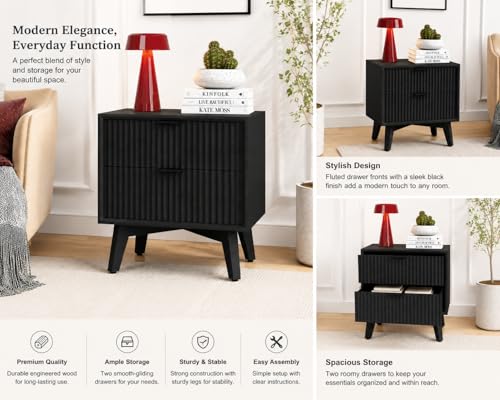 Image of Wooden Bedside Table for Luxury Bedroom | Wooden Bed Side Nightstand Lamp Table with 2 Drawers Storage | Premium Wood Side Table for Living Room, Home & Office | Fluted- Black Finsih