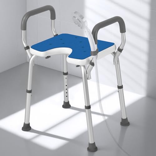 Duschhocker mit Armlehnen&EVA-Sitz,Duschstuhl höhenverstellbar als Badestuhl für Senioren,53cm Shower Chair extrabreit,Badhocker bis 150 kg belastbar,Duschhilfe werkzeugfreie Montage,Shower Stool