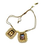 Hermosa pulsera escapulario en cuero bordado, con las estampas del sagrado corazon, Virgen del Carmen, Virgen de Guadalupe y San Miguel Arcángel. incluye oracion. 2,5cmsx3cms (Gold)