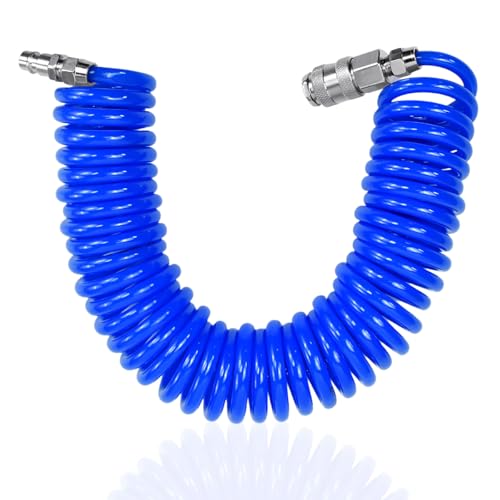 UHETLET Manguera Aire Comprimido Espiral 6m, Manguera para Pistola Compresor con Acople Rápido de1/4”,Manguera de Aire Comprimido en Espiral Ø8mm para Compresor para Uso en Hogar Taller- Hasta 10 bar
