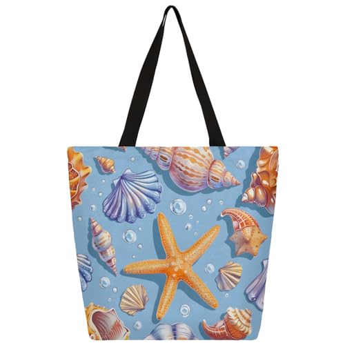 Mularoka Starfish Shells Sea Shells Large Capacity Canvas Tote Bag Stylish Handheld Shoulder Bag Reusable Shopping Bag for Work Travel Beach Trips Shopping