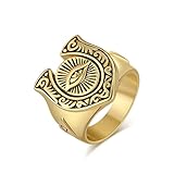 男性用蹄鉄ラッキーチャームリング - チタンスチール全視の眼＆逆三角形、ヴィンテージフリーメーソンプロテクションジュエリー指輪のサイズ20号(US10)