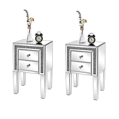 Image of VINGLI Mirrored Nightstand Set of 2 Silver Glass Sofa /Couch Side Tables Bedroom End Tables with Storage, 24.8 inch Tall