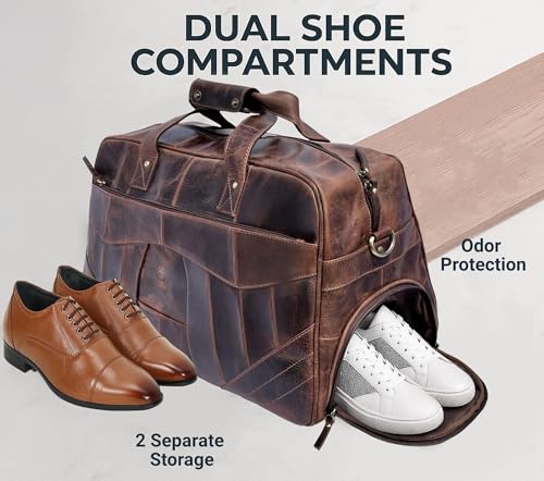 Image of Leather Duffle Bag for Men - Full Grain Leather Travel Overnight Weekender Carry On Tote Duffel Bag, Walnut Brown (With Shoe Pocket), Large, Walnut Brown (With Shoe Pocket)