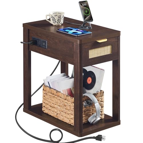 LEYAOYAO Narrow Side Table with Charging Station, 24'' Rattan Night Stand with Drawer Storage, Brown Bedside End Table with Metel Handle for Small Spaces, Wood Boho Nightstand for Living Roo