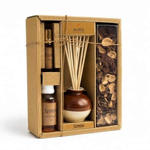 Image of AuraDecor Reed Diffuser Gift Set with Potpourri, Fragrance Oil & 6 Reed Sticks | Air Freshener for Living Room, Bedroom & Office | Decorative Aroma Diffuser Gift Set (Jasmine, X-Large)