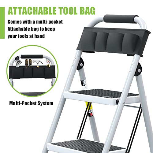 3 Step Ladder EFFIELER Folding Step Stool with Wide Anti-Slip Pedal, 500 lbs Sturdy Steel Ladder, Convenient Handgrip, Lightweight, Portable Steel Step Stool for Household, Kitchen,Office Step Ladder