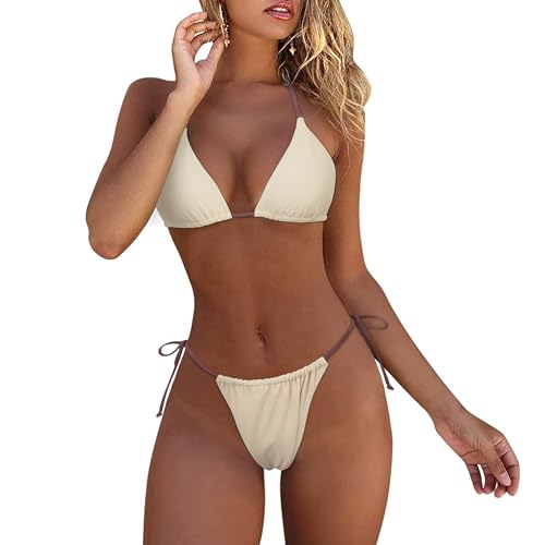 MOSHENGQI Women Sexy Bikini Set 2 Piece Strap Top Thong Swimsuit Brazilian Bathing Suit(M,Beige-Reddish Brown)