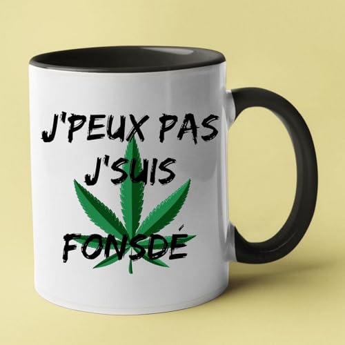 Taza de cerámica con diseño de cannabis, taza humorística en francés, blanco y negro, 330 ml
