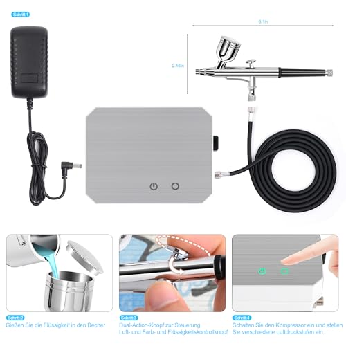 Powate 40PSI Airbrush Set Kompressor Dual Action 3 Modi 0,3/0,3/0,5mm Düse 9CC Tasse Airbrush Pistole für Makeup, Kunsthandwerk, Nageldesign, Tattoo-Modellierung, Malerei,Silber