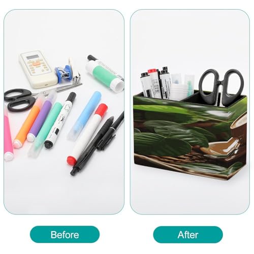 Porte-stylos en cuir premium café et feuilles vertes pour crayons