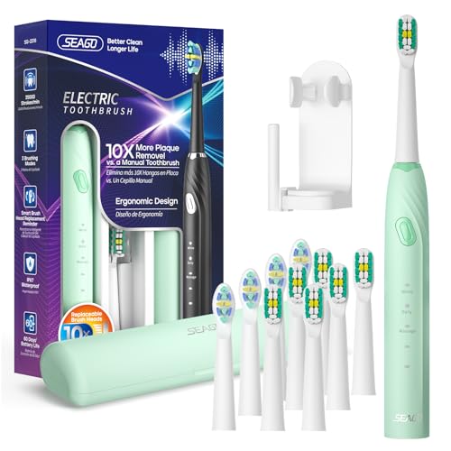 Seago Ultrasonic Electric Toothbrush with Travel Case, Travel Toothbrush with 10 Toothbrush Heads & Holder, Rechargeable Toothbrush with Smart Timer for Adults and Kids, SG-2316(Green)