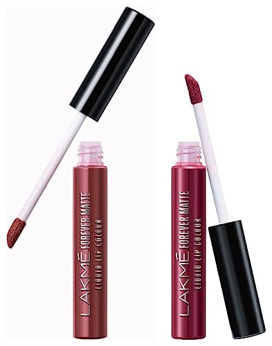 Image of LAKME Forever Matte Liquid Lip Colour, Nude Dream, 5.6ml & LAKME Forever Matte Liquid Lip Colour, Red Wine, 5.6ml