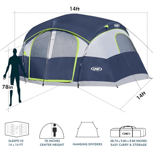 UNP Camping Tent 8/9 Person, Family Camping Tent, 5 Large Ventilation Mesh Windows, 14\'x14\'x78 inches Tall with Dividers Curtain for 2 Room - Thumbnail 2