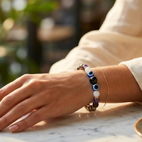 Image of Makar (Capricorn) Rashi Bracelet | Smoky Quartz, Pyrite, Garnet, Amethyst, Moonstone, Evil Eye | For resilience & Ambition | Strengthen Focus & Strategic Planning | For Men & Women