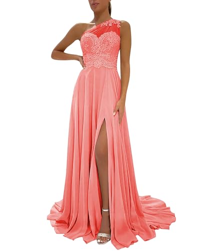 Image of LANGKAAO One Shoulder Lace Bridesmaid Dresses Long for Wedding A-Line Chiffon Slit Formal Party Gown with Pockets