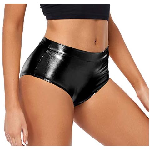 Kepblom Metallic High Waisted Booty Shorts Women's Shiny Cheeky Dance Festival Rave Bottoms (Black,S) Cover