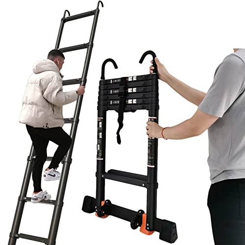 Aluminum Telescoping Attic Ladder 15.5FT, Heavy-Duty Black Extension Ladder with Hook for Rooftop Tent, RV Use, Supports 330lbs, Compact &amp; Portable Design