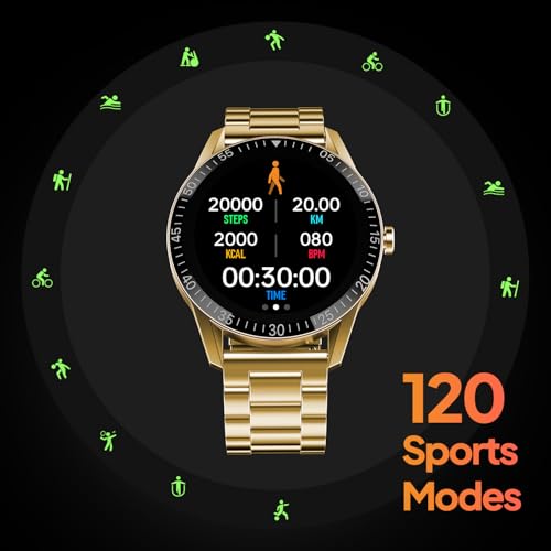 Fire-Boltt Talk Round Smart Watch 1.39″ TFT Display with Bluetooth Calling, Dual Button, Voice Assistance, SPO₂ & Heart Rate Monitor, 120+ Sports Modes, Metal Smartwatch for Men & Women - Gold