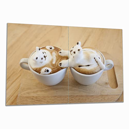 Wallario Herdabdeckplatte/Spritzschutz aus Glas, 2-teilig, 80x52cm, für Ceran- und Induktionsherde, Süße Milchschaum Katzen auf Kaffee
