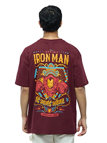 Image of The Souled Store Official Iron Man: Truck Art Men and Boys Oversized fit Graphic Half Sleeve Cotton Burgundy Color Oversized T-Shirts