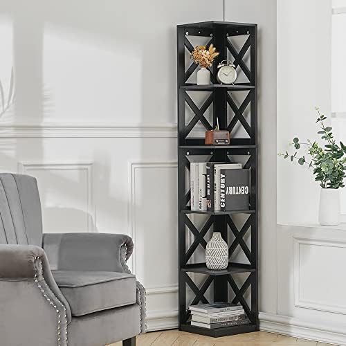 BTGGG Corner Shelf 5 Tier Corner Bookcase Industrial Free Standing Corner Shelf 30 x 30 x 160 CM Plant Display Shelf Multifunctional Storage Stand for Living Room Bedroom Bathroom, Black