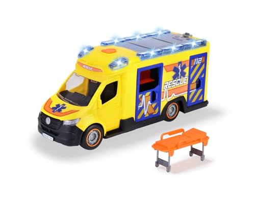 Dickie Toys – Mercedes-Benz Sprinter Ambulance 34,5 cm, Krankenwagen Spielzeug für Kinder ab 3 Jahren, Freilauf Rettungswagen mit Licht und Sound, Türen und Dach zum Öffnen, mit Trage und Zubehör