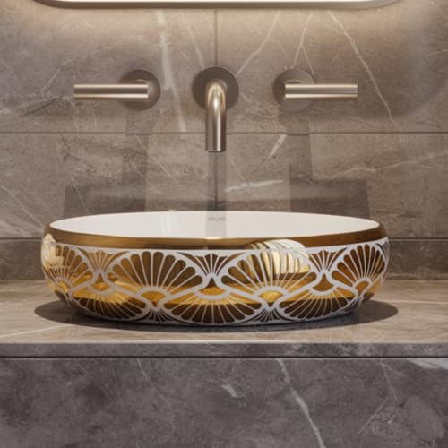 Image of Wallace Luxury Oval Table Top Wash Basin 60x40x15 cm | Premium Ceramic Countertop Vessel Sink with Gold Interior & Art Deco Pattern | Over Counter Designer Bathroom Basin