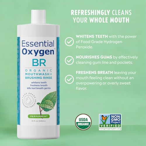 Essential Oxygen Certified BR Organic Brushing Rinse, All Natural Mouthwash for Whiter Teeth, Fresher Breath, and Happier Gums, Alcohol-Free Oral Care, Peppermint, 32 Ounce - Image 3