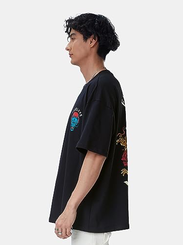 Image of The Souled Store| TSS Originals: Unleash The Dragon Mens and Boys T-Shirts|Half Sleeve|Loose fit Graphic Printed|80% Cotton 20% Polyester Black Color Oversized T-Shirts