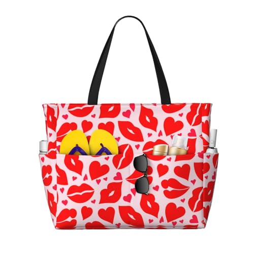 Lips Kiss Print Beach Pool Bags Tote For Women Ladies Large Gym Tote Carry On Bag For Weekender Travel Waterproof