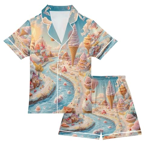 ALAZA Balloon Ice Cream Satin Pajamas Set Short Sleeve Button Down Sleepwear Summer Pjs 2 Piece