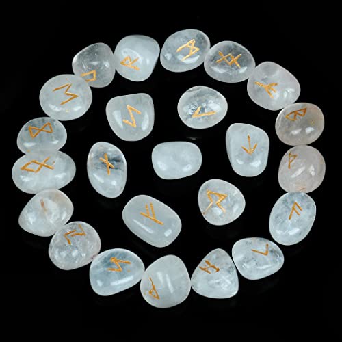 25 Pcs Clear Quartz Runes Set - Elder Futhark Rune Stones - Engraved Gemstones - Viking Rune Stones - Wiccan Supplies And Tools - Crystal Divination Set - Crystal Decor #TOP2