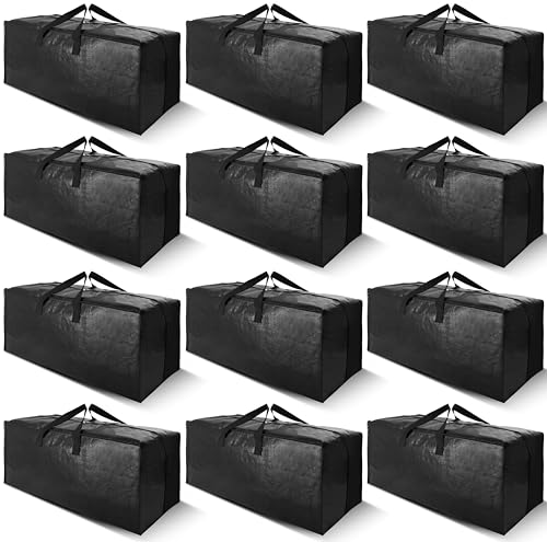 Cosy Family 12 Pack Heavy Duty Moving Bags with Backpack Straps - Strong Handles & Zippers, Storage Totes For Space Saving, Fold Flat, Alternative to Moving Box (X-Large-Set of 12, Black)