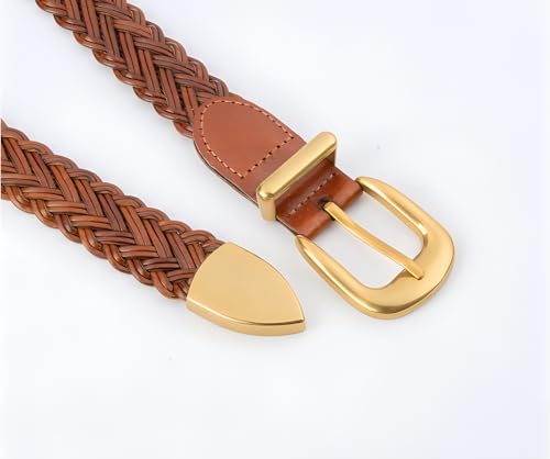 Women's Braid Leather Belt,Skinny Woven Waist Belt with Gold Buckle,Dress and Jeans Belt4