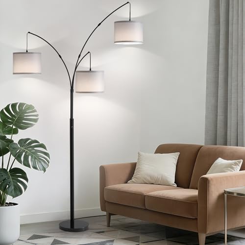 Image of Floor lamp with Remote, 3 Light Arc Floor Lamps for Living Room, 2400LM Tall Standing Floor Lamps with Gray Shades, 80 inch Large Floor Lamp for Bedroom, Office