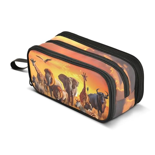 Image of African Animals Pencil Case Box Boys Girls Large Pencil Pouch with Zipper Compartments Big Capacity Stationery Pen Bag Organizer for Kids Teens Adults School