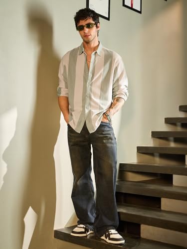 Image of The Souled Store Stripes: Sage Men and Boys Long Sleeves Collared Neck Button Front Regular Fit Cotton Blend Shirts
