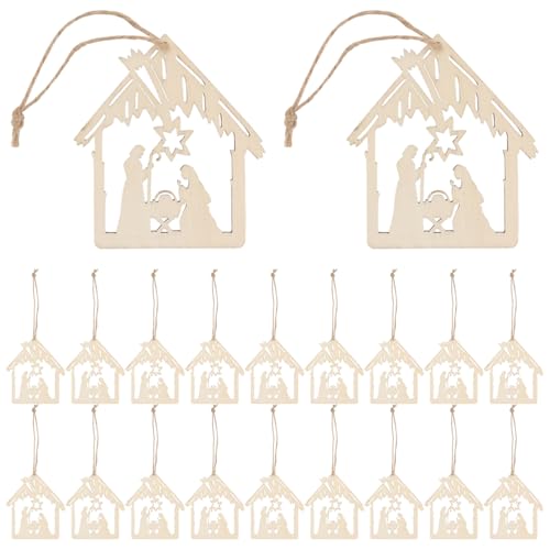 20pcs Christmas Birth of Jesus Wooden Hollow Pendant with Hemp Ropes for Nativity Scenes Wood Ornaments Festival