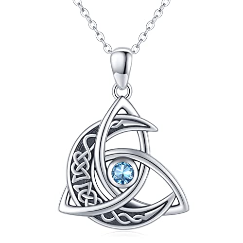 Celtic Moon Necklace 925 Sterling Silver Celtic Knot Trinity Pendant Necklace Birthstone Necklace Irish Jewelry Gifts for Women Girls Daughter Mother Birthday Christmas