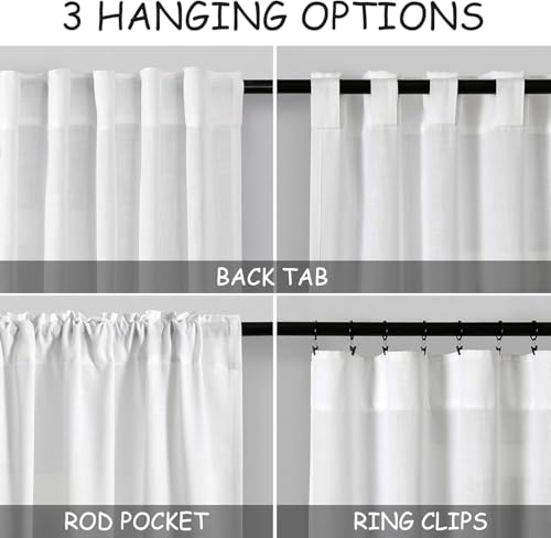 Image of Linen White Curtains 120 Inches Long 2 Panels Set Back Tab Rod Pocket Semi Sheer Cotton Textured Light Filtering Extra Long Curtain Farmhouse High Ceiling Curtains for Living Room 9Ft 40x120