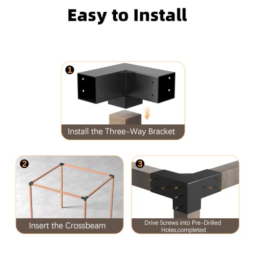 Image of Pergola Brackets, 3-Way Pergola Kit for 4 inchx 4 inch (Actual 3.5 inch X 3.5 inch) | Heavy Duty, Durable & Weather-Resistant Construction, Right Angle Corner Bracket with Black Powder Coated (4Pcs 3-Way)