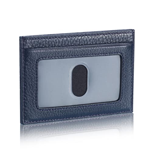 Image of HISCOW Slim Full Grain Leather Card Holder with ID Window, Pebbled Blue | Men's minimalist EDC wallet, front pocket carry, 2 credit card slots & center pocket, fits folded bills, premium gift box