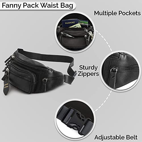 Image of Nabob Leather Nabob Leather Fanny Pack (Black or Brown) - Multifunction Hip Bag Travel Pouch for Men and Women- Multiple Pockets & Sturdy Zippers Ideal for Hiking Running Cycling and More