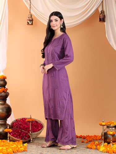 Image of POSHAK CHIKAN STUDIO Women's Hand Embroidered Lucknowi Chikankari Rayon Co-ord Set