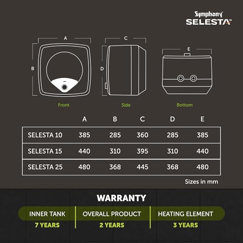 Image of Symphony SELESTA Geyser 10 Litre Storage Water Heater | BEE 5 star Rating Energy Efficient | 2KW Heating Element | Titanium Pro Glassline Tank|Warranty: 7 Yr Tank, 3 Yr Heating element, 2 Yr Product.